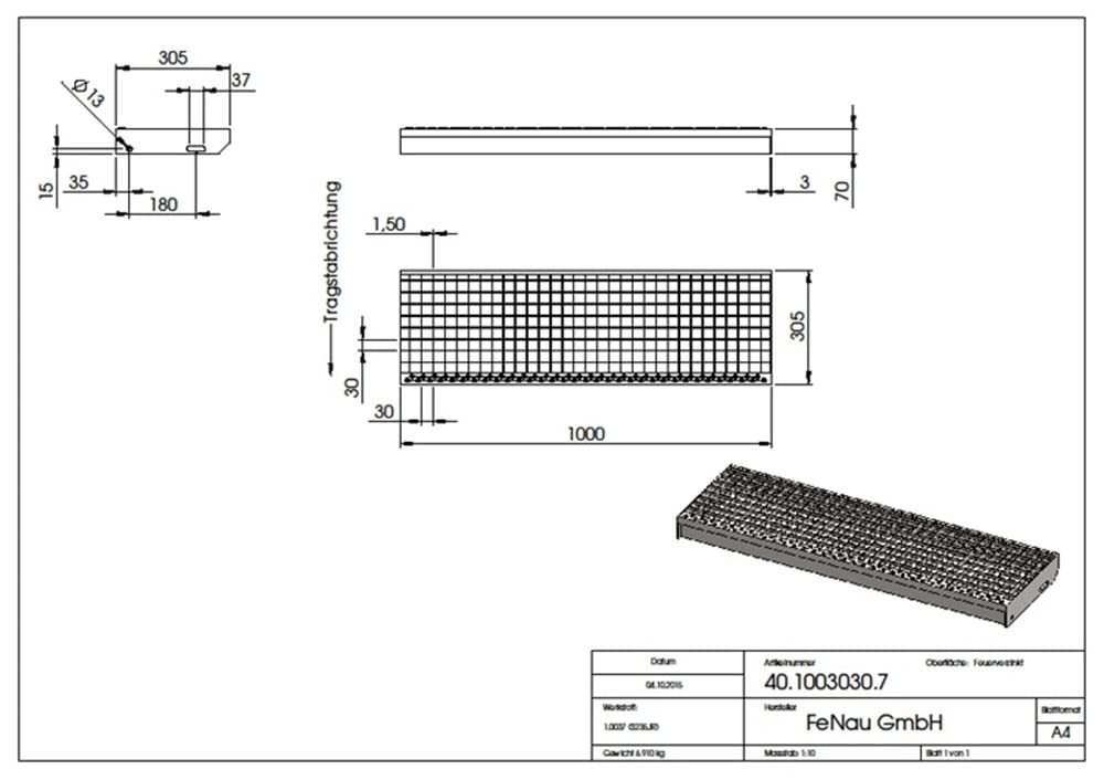 Fenau – 1000 x 305 mm - Gitterrost-Stufe (R11) XSL, MW: 30/30 mm, verzinkt, Stahl-Treppenstufe nach DIN-Norm, Fluchttreppen geeignet, Anti-Rutsch-Wirkung