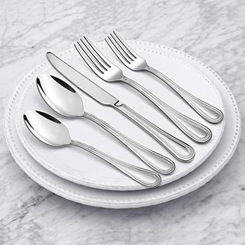 HaWare 60-Piece Stainless Steel Silverware Set for 12 – Pearled Edge Flatware with Knife, Fork, and Spoon, Dishwasher Safe