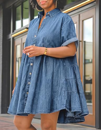 Image of Womens Denim Babydoll Dresses Summer Outfits Button Down Ruffle Tiered Jean Dress
