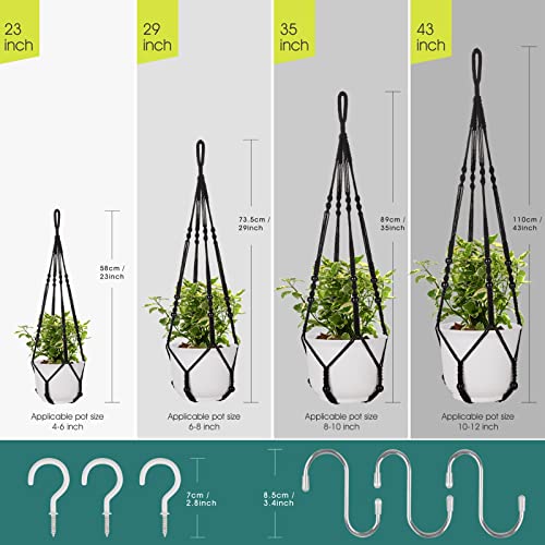 Rifny Macrame Plant Hanger Indoor, 35" /29" / 23" Heavy Duty Woven Rope Hanger Kits With Metal Hooks, Set Of 3 Boho Rope Plant Holders Stand For Home Decor Plant Pots No Tassels, Black #TOP2