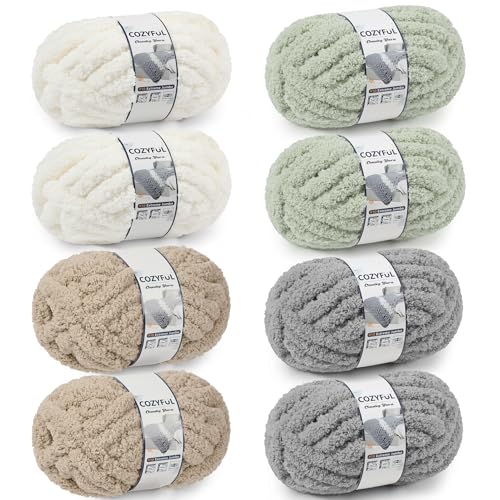 Cozyful Chunky Yarn for Hand Knitting - #10 Chunky Chenille Yarn, Jumbo Big Thick Chunky Yarns for Crocheting, Super Bulky Chunky Knit Blanket Yarns, 8 Skein (22yd, 8oz/Skein), Cream&Sage&Khaki&Grey