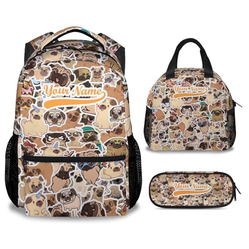 Custom Kids Backpack with Lunch Box, 3Pcs Elementary School Backpacks Matching Combo, Cute Black Pug Dog Bookbag and Pencil Case Bundle