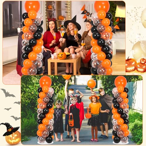 Image of 2 Sets Orange and Black Balloon Column Stand Kit with 100 Balloons Adjustable Balloon Tower Stand with Bases for Floor Black Orange Confetti Balloon Column Kit for Valentine Birthday Party Decor