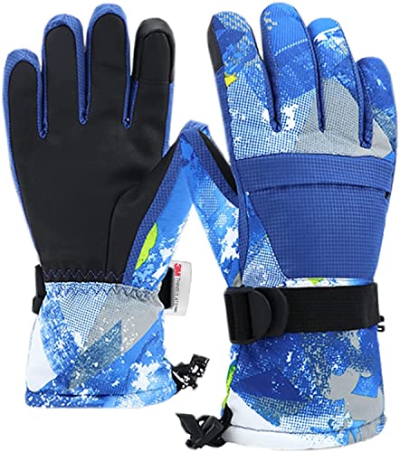 7-mi Winter Ski Gloves,Children's Touchscreen Snow Mittens Snowboard Waterproof Lined Long Cuff Leather Kids Gloves for Boys & Girls Sports Outdoor Play