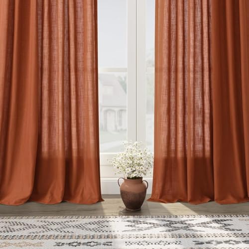 Image of Nanspring Extra Wide Terracotta Curtains for Living Room 96 Inches Long Back Tab and Rod Pocket Linen Light Filtering Semi Sheer Farmhouse Boho Curtain for Bedroom Office Luxury 100x96, 2 Panels