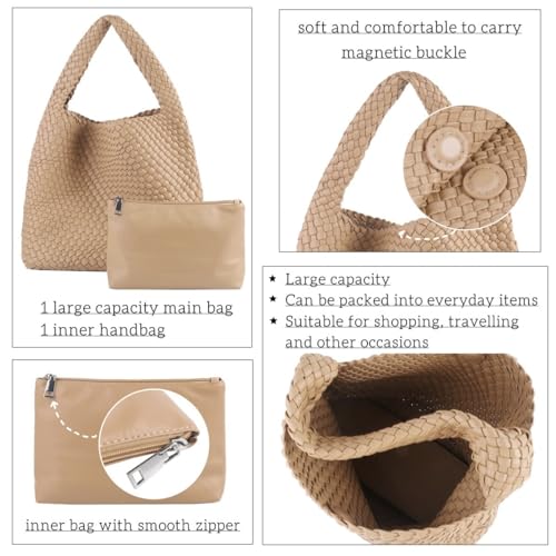 Image of Vegan Leather Hand Woven Tote Handbag Shoulder Bag and Woven Purses Large Shopper Bag for Women