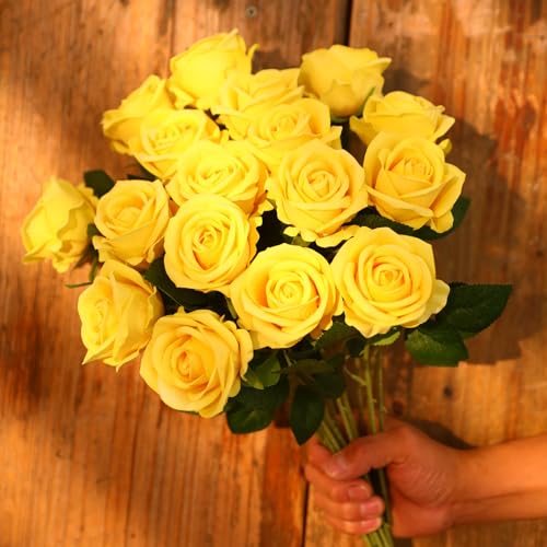 JUSTOYOU 20 PCS Yellow Rose Artificial Flower,Silk Blooming Rose with Stem,Artificial Rose Bouquet Realistic Flower for Home Table Office Party Wedding Garden Arrangements (yellow rose) - Image 2