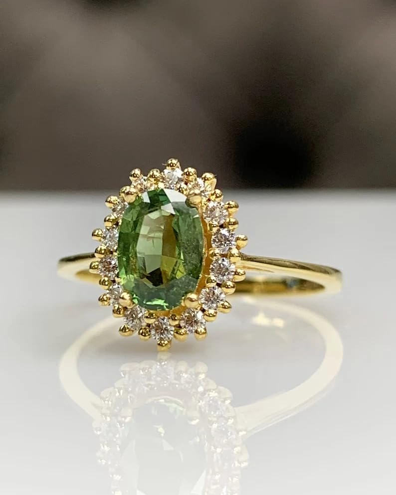 Oval Cut Green Sapphire Solitaire Ring - 14K Solid Yellow Gold Plated, Women’s Jewelry, Promise, Anniversary, Engagement & Wedding Band, Elegant Statement Ring, Gift for Her4