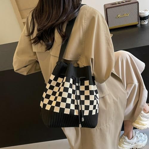 Knit Bucket Bag Women Trendy Spring Crochet Knitted Drawstring Shoulder Bags Crossbody Purse Geometric Pattern3
