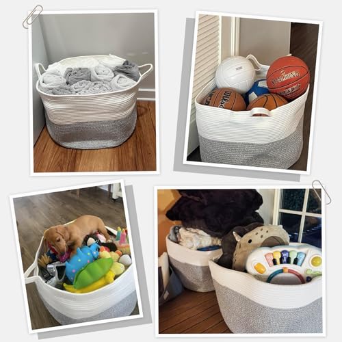 Image of INDRESSME Large Storage Basket, 21.7'' x 13.8'' Cotton Rope Blanket Basket Living Room, Toy Organizers and Storage with Handles for Kids, Laundry Baskets for Clothes, Towel, 90L Grey