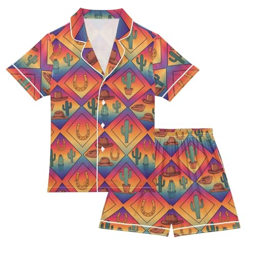 Satin Pajama Sets Short Sleeve Southwestern Themed Pattern Design Button Down Silky Nightwear 2 Piece PJS 5-14Y