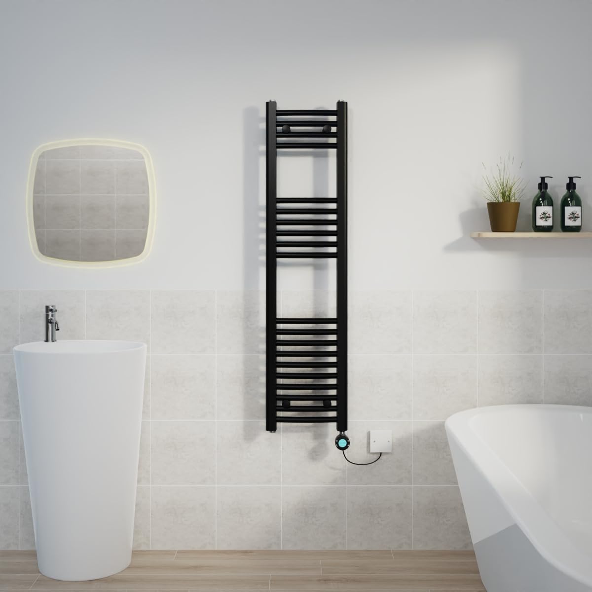 Warmehaus Electric Towel Rail Curved Black Thermostatic Timer 1200x300mm โ image 1