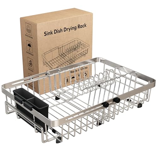 Small Expandable Over The Sink Dish Drying Rack Drainer In Stainless Steel Metal For Kitchen, Counter Space Saving Compact Above Plate Dryer Strainer, Adjustable Hanging Inside Sink Wire Drain Holder