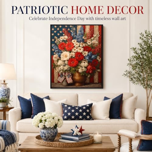 Image of American Flag Framed Canvas Wall Art, 4th of July Floral Canvas Prints, Wildflower Landscape Patriotic Decorations, Vintage Rustic Independence Day Wall Decor for Bedroom Living Room Office 20x24