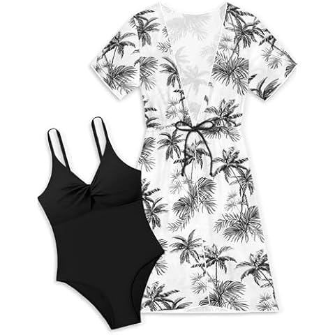 KANGKANG Girls Swimsuits Size 10-12 Black Girls One Piece Swimsuits Tropical Print Quick Dry Cover Up 2Pcs Swimsuits for Teen Girls Bathing Suits Size 11-12 Cover