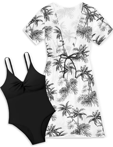 Girls Bathing Suits Size 8-10 Black Girls One Piece Swimsuits Tropical Print Quick Dry Cover Up 2Pcs Girls' Swimwear Kids Girls Swimsuit Size 9-10