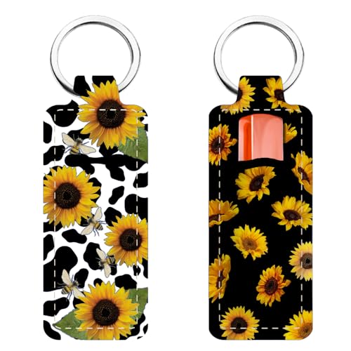 FREEBLOSS 2Pcs Chapstick Holder Keychain 1.5x3.8'' Lip Balm Holder Keychain Lightweight Lipstick Sleeve Pouch with Sunflowers Pattern for Women Girls - Image 2