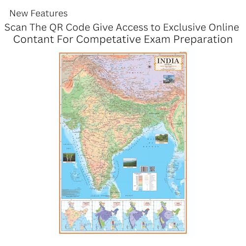 Image of Editone International India Physical Map for Wall with QR Code | Competitive Exam Prepration for UPSC, IAS, IPS, with Non-Laminated Paper Print (India Physical (English)