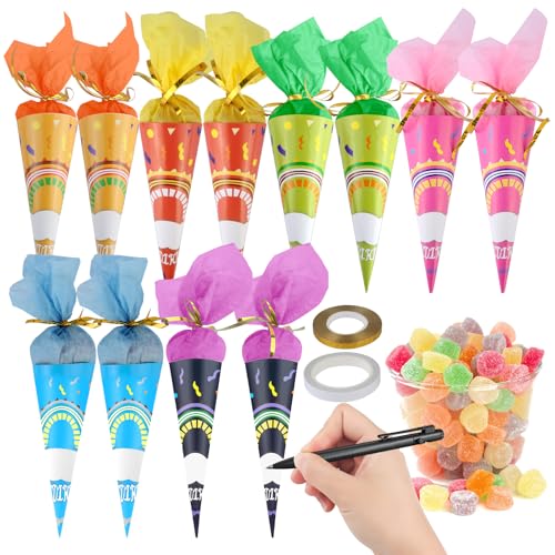 12 Stück Schultüte Klein, Geschwister Schultüte Zuckertüte zum Befüllen, Mini Schultüte mit Klebeband und Gold Kordelzug, Schultüte Klein Mädchen Geschwistertüte für die Einschulung zum Schulanfang