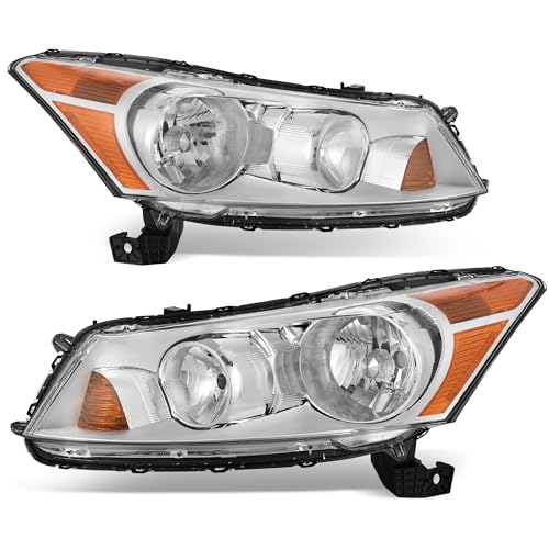 Image of oEdRo Headlight Assembly Compatible with 2008 2009 2010 2011 2012 Accord 4-Door Sedan Headlamp Replacement Chrome Housing Amber Reflector Clear Lens