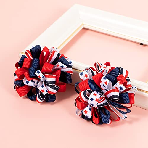 4Th Of July Korker Hair Bow Clips Girls Patriotic Curly Corker Cheer Pompom Loopy Bow Alligator Barrettes Red White Blue Stars Stripes Ribbon Accessories Kids Xmas Gift #TOP5