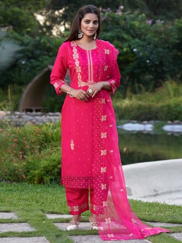 Image of INDO ERA Women's Embroidered Silk Blend Calf Length Straight Kurta Pant With Dupatta Set (IEOUT7451 X-Small)