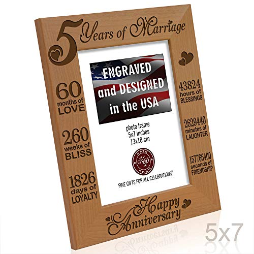 Kate Posh - 5 Years Of Marriage Photo Frame - Happy 5Th Wood - Engraved Natural Solid Wood Picture Frame (5X7-Vertical) #TOP5