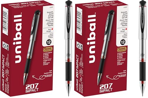 Image of Uni-Ball Signo 207 Impact Gel Pen, 12 Red Pens, 1.0mm Bold Point, Smooth Writing (Pack of 2)