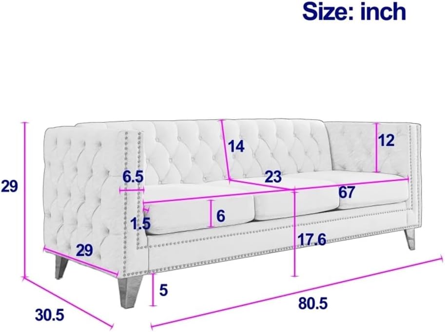 Beige Velvet Sofa,Buttons Tufted Square Arm Couch, Upholstered with Button and Metal Legs