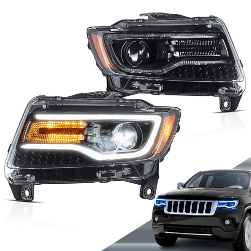 VLAND Led Headlights Compatible with 2011-2013 Grand Cherokee 4th Gen WK2 Front Lights Assembly w/Dynamic Animation Blue Running Light w/Sequential Turn Signal (Black)