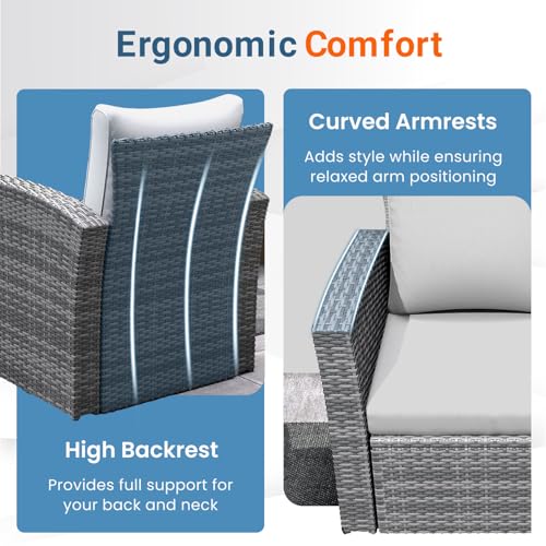 Image of Wisteria Lane 4 Piece Patio Furniture Set, Wicker Outdoor Patio Conversation Furniture Set, All Weather Outdoor Patio Sofa with Cushion and Glass Table, Light Gray