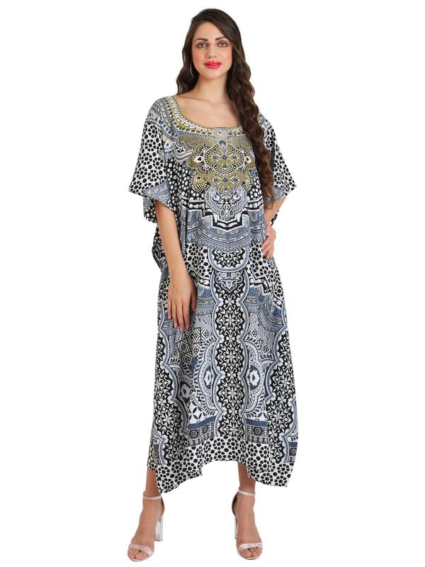 Image of Miss Lavish London Black Kaftan Dresses for Women V Neck Batwing Sleeve Beach Vacation Bikini Swimsuit Cover Ups Loungewear for Summer,Pockets on Both Sides, Resort Wear & Cruise Coverup- Black-M