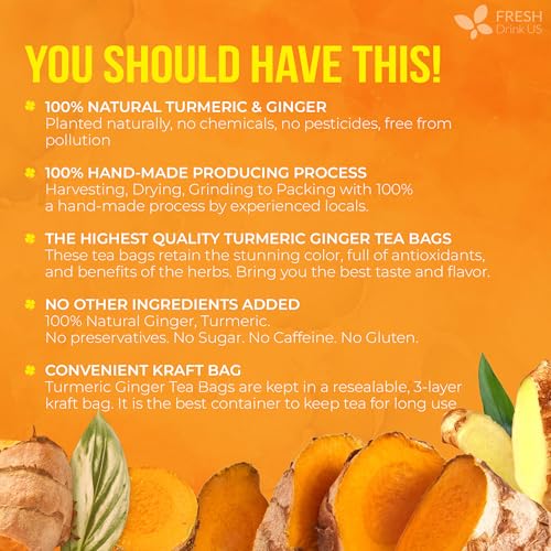 FreshDrinkUS, Premium 45 Ginger Turmeric Tea Bags, 100% Natural Ingredients, Hand-made Blend of Ginger and Turmeric Herbal Tea, Eco-conscious Tea Bags. No Sugar, No Caffeine, No Gluten, Vegan.