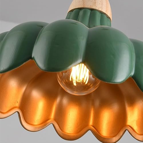 Miniatura 7 de Mid Century Kitchen Island Pendant Light, Vintage Flower Shape Ceiling Hanging Lighting, Green Ceramic Shade Chandelier with Wood Finish for Dining