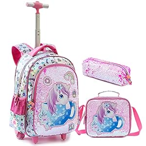 Kinder Rucksack mit Rädern, Mädchen Schulranzen Trolley Pailletten Schultasche mit Lunchtasche Mäppchen PU Schulrucksäcke Set(Rosa Einhorn)