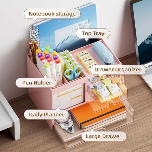 Image of Shuttle Art Desk Organizer with Drawers for Office & Study | Multi-Functional Stationery Drawers for Students, Home Office, Makeup & Accessories | Cute Aesthetic Pen Holder Stand with Storage (Pink)