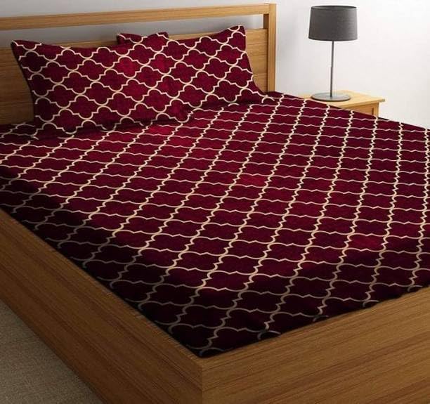 Geeta Homes Premium Cotton Feel Glace Cotton 210 Tc Elastic Fitted Bedsheets with 2 Pillow Covers Double Bed with Corner Elastic Floral Pattren |Size-72X68+ 6 Inches Homes 4842