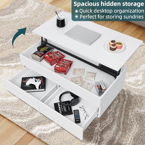 HOMMPA 40\'\' Lift Top Coffee Table for Living Room, White Coffee Tables with Storage, LED Modern Coffee Table Rectangular White Gloss, Flip Top Center Table with 2 Drawers and Hidden Compartment