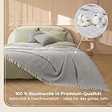 Gräfenstayn Premium Tagesdecke mit Fransen - 100% Baumwolle - 180 x 240 cm - Fischgrätenmuster Sommerdecke - Baumwolldecke als Bett-Überwurf, Couch-Überwurf, Sofa-Decke (Grau)