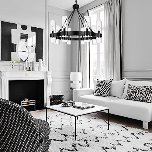 Klgxnrd 8-Light Black Wagon Wheel Chandelier, Modern Farmhouse Glass Lighting Fixture, Round Industrial Hanging Pendant Light for Living Room, Dining Room, Kitchen Island, Entryway, Foyer - Image 4