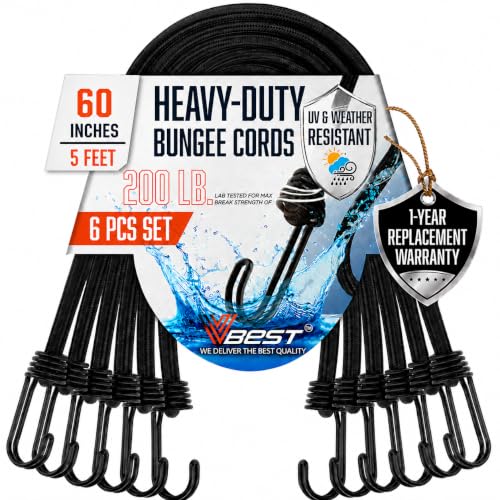 Image of Long Bungee Cords with Hooks - 6Pc 60 Inch Heavy Duty Outdoor Bungees | UV & Weather Resistant Strong Bungie Chords - 5 ft Black Bunjee Straps - Large Bungy Cord Set 200lb Strength