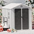 8X6 FT Storage Shed, Resin Outdoor Storage Shed with Floor & Lockable Doors, All Weather Plastic Lean to Shed with Window and Vents, Garden Tool Shed for Bike, Toy, Lawnmower