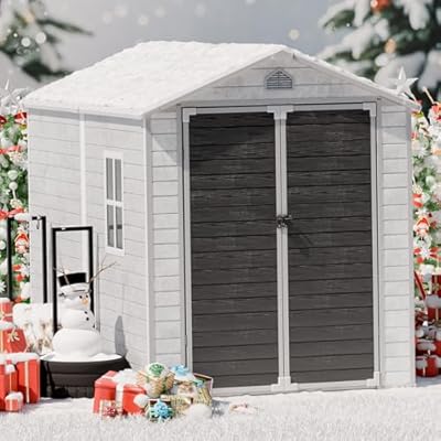 8X6 FT Storage Shed, Resin Outdoor Storage Shed with Floor & Lockable Doors, All Weather Plastic Lean to Shed with Window and Vents, Garden Tool Shed for Bike, Toy, Lawnmower