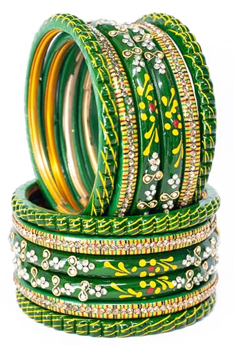 Image of Swara Creations Lah /Lac bangles red and yellow color Set, LAHTHI Churi zircon work for Women and Girls(14pcs)