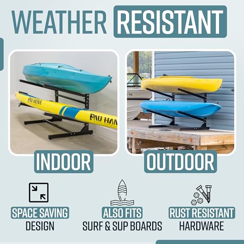 Image of Teal Triangle Adjustable Freestanding Kayak Storage Rack, Holds 2 Kayaks | Outdoor Kayak Rack, Paddle Board Holder, Canoe Rack, Kayak Stand, Felt Padded Arms, Weather Resistant Steel