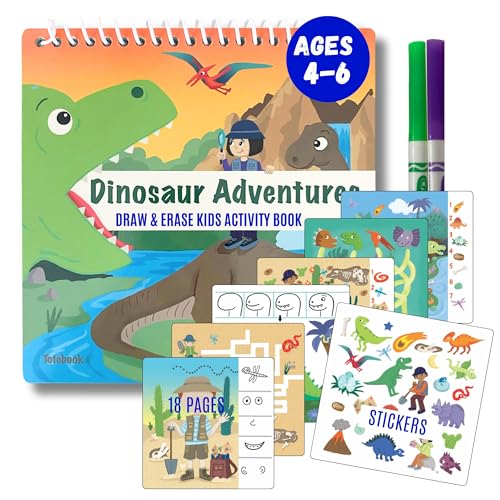 Totebook Kids Travel Educational Activity Book with Washable Markers - Car and Airplane Activities, Learning Toys for Toddlers- Search and Find, Reusable Stickers for Ages 4, 5, 6 (Dinosaur)