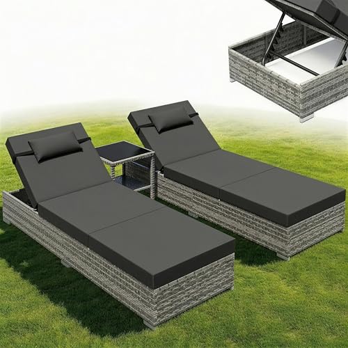 UDPATIO Lot de 2 Chaises Longues de Jardin avec Table, Bain de Soleil 5 Positions de Réglage,...