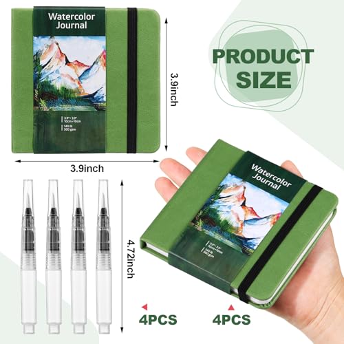 Image of Dispowreath 4 Set Watercolor Sketchbook Journal with Watercolor Brush Pens 300 GSM Cotton Paper Portable Square Small Pocket Notebook Travel for Painters Art Supplies (Green,3.9 x 3.9 Inch)