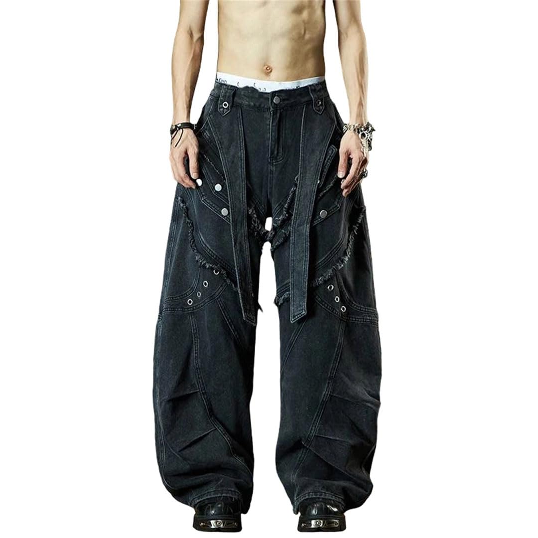 Mens Ribbon Burr Denim Jeans - Patchwork Loose Comfort Washed Design