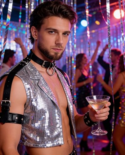Herren PU Leder Schultergurt mit Halsband – verstellbares schwarzes Gurt Top mit Armband Zubehör für Punk Mode, Festivals, Cosplay & Bühne Outfits (Halsband 34,0–46,0 cm) – Bild 4